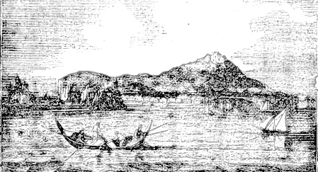 Incisione dell'isola d'Ischia del 1835 con vista sul Golfo di Napoli e la fortezza Aragonese.